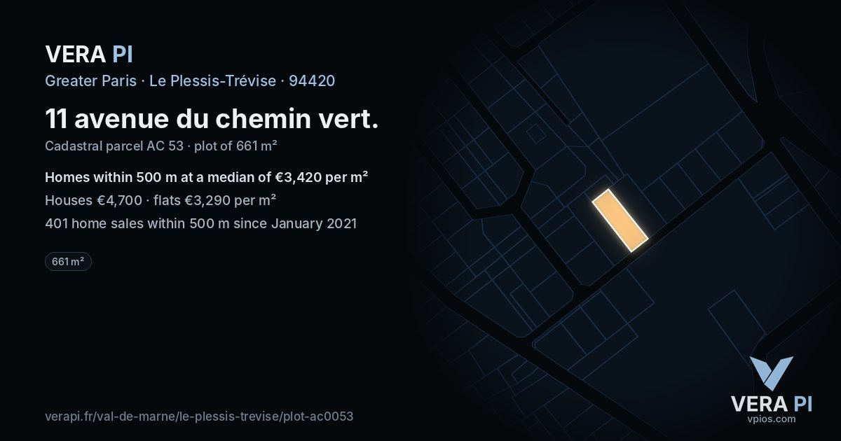 11 avenue du chemin vert, Le Plessis-Trévise at night – the plot lit, the parcels around coloured by the prices near them