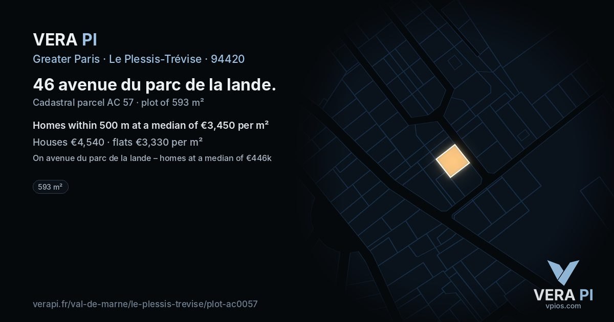 46 avenue du parc de la lande, Le Plessis-Trévise at night – the plot lit, the parcels around coloured by the prices near them