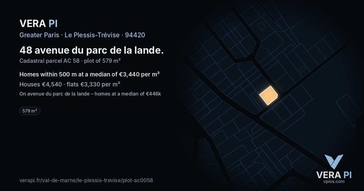 48 avenue du parc de la lande, Le Plessis-Trévise at night – the plot lit, the parcels around coloured by the prices near them