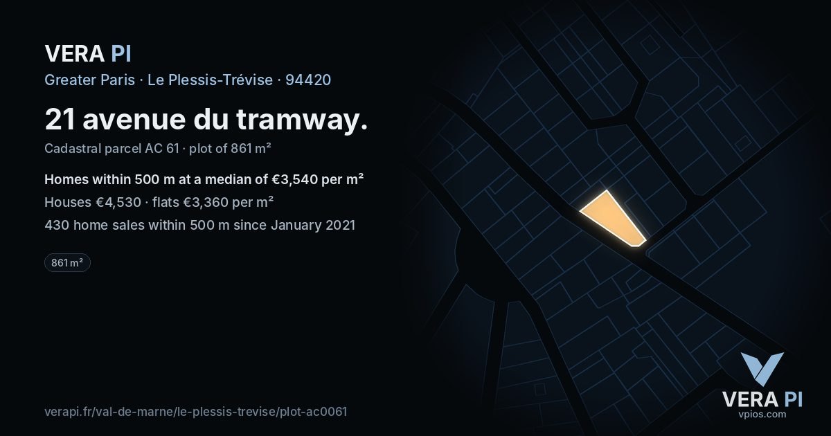 21 avenue du tramway, Le Plessis-Trévise at night – the plot lit, the parcels around coloured by the prices near them
