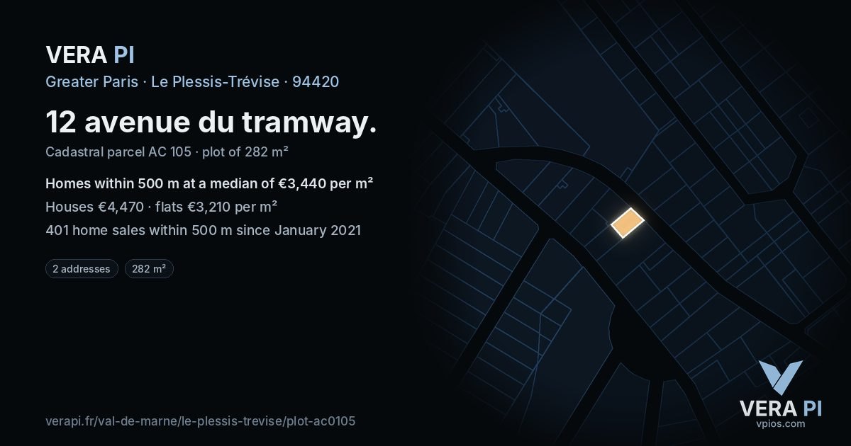 12 avenue du tramway, Le Plessis-Trévise at night – the plot lit, the parcels around coloured by the prices near them
