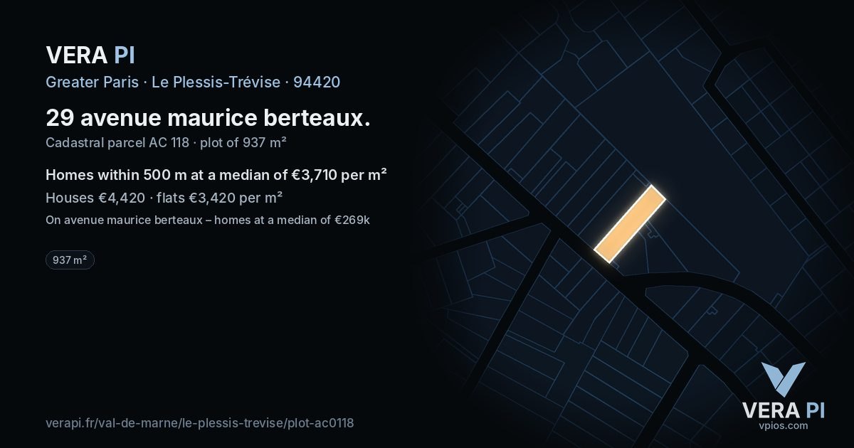 29 avenue maurice berteaux, Le Plessis-Trévise at night – the plot lit, the parcels around coloured by the prices near them