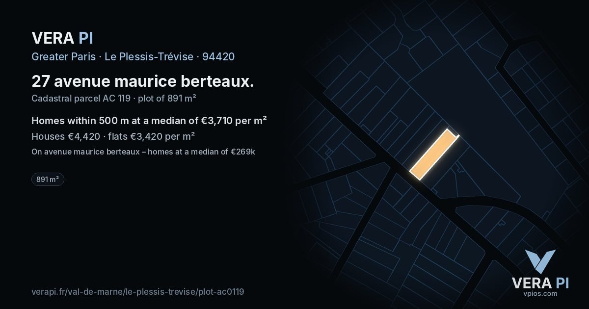 27 avenue maurice berteaux, Le Plessis-Trévise at night – the plot lit, the parcels around coloured by the prices near them