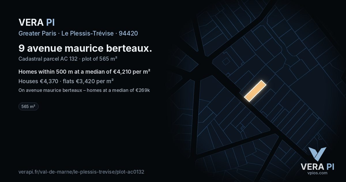 9 avenue maurice berteaux, Le Plessis-Trévise at night – the plot lit, the parcels around coloured by the prices near them
