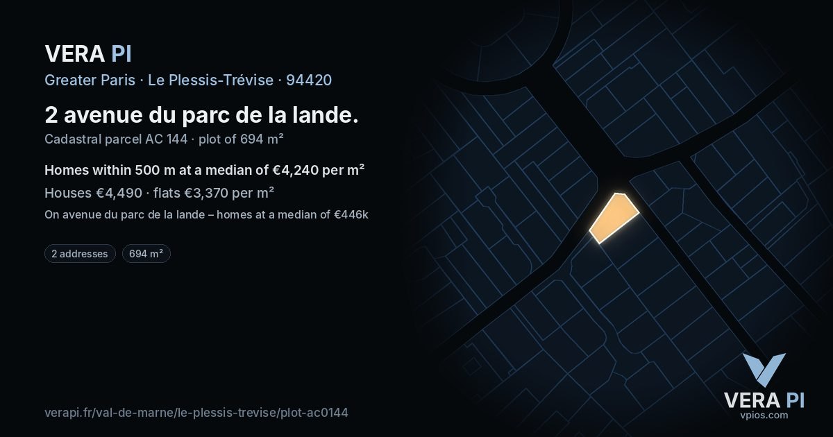 2 avenue du parc de la lande, Le Plessis-Trévise at night – the plot lit, the parcels around coloured by the prices near them