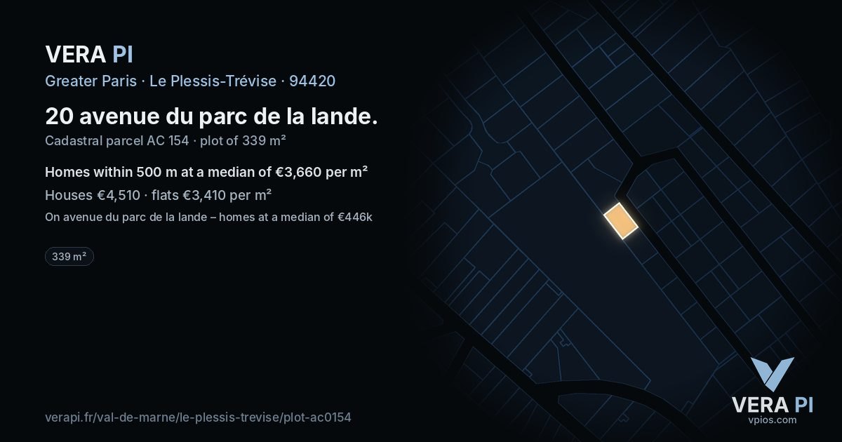 20 avenue du parc de la lande, Le Plessis-Trévise at night – the plot lit, the parcels around coloured by the prices near them