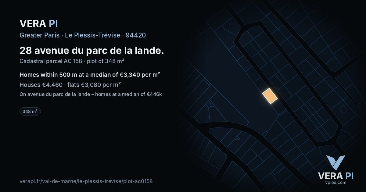28 avenue du parc de la lande, Le Plessis-Trévise at night – the plot lit, the parcels around coloured by the prices near them