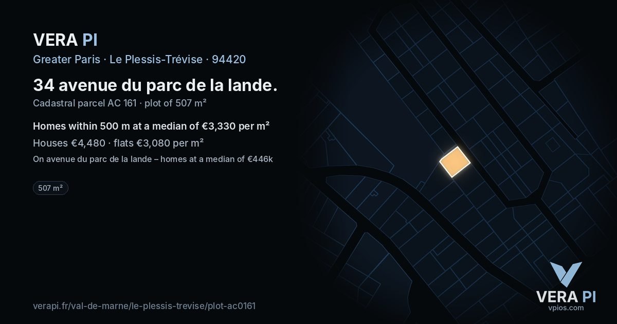 34 avenue du parc de la lande, Le Plessis-Trévise at night – the plot lit, the parcels around coloured by the prices near them