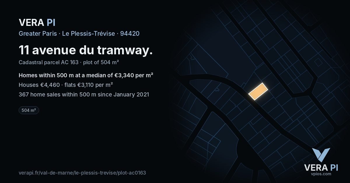 11 avenue du tramway, Le Plessis-Trévise at night – the plot lit, the parcels around coloured by the prices near them