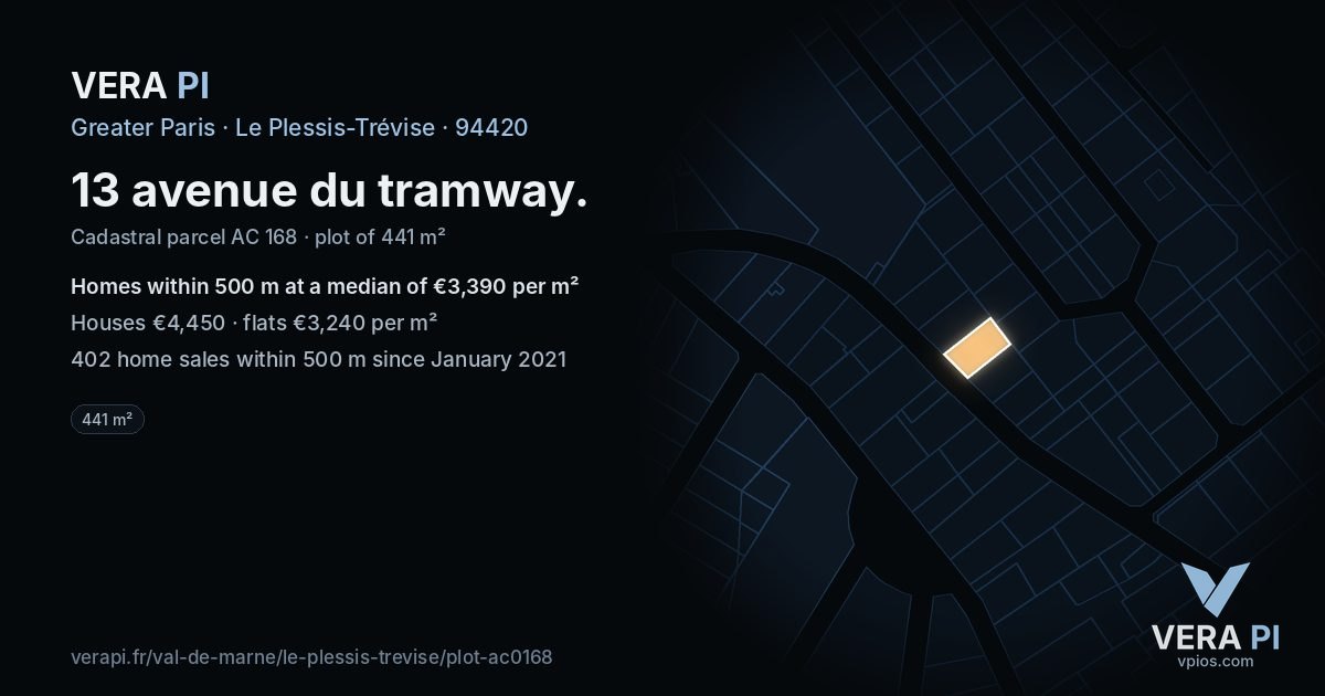 13 avenue du tramway, Le Plessis-Trévise at night – the plot lit, the parcels around coloured by the prices near them