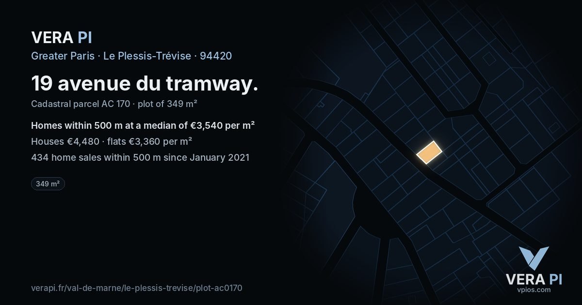 19 avenue du tramway, Le Plessis-Trévise at night – the plot lit, the parcels around coloured by the prices near them