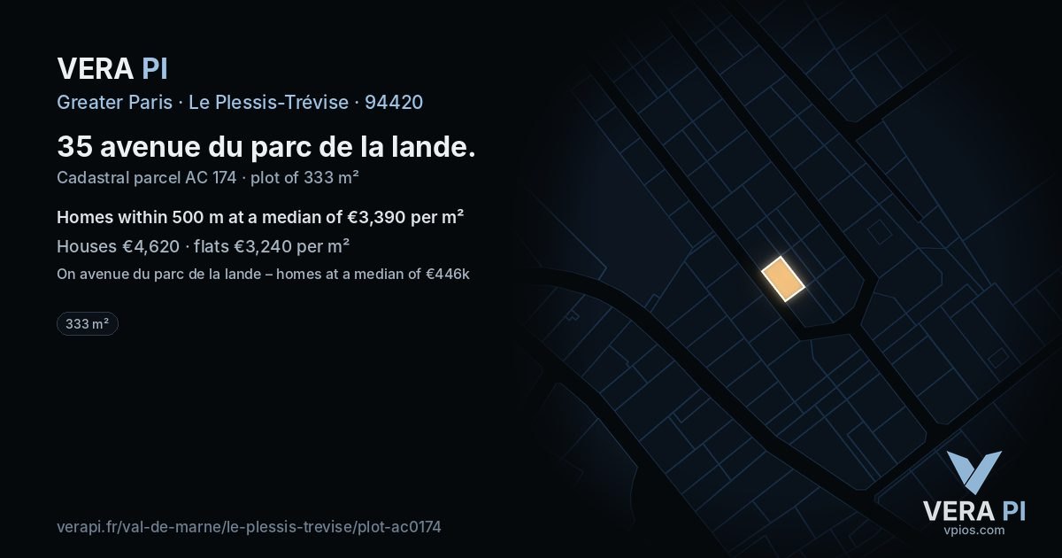 35 avenue du parc de la lande, Le Plessis-Trévise at night – the plot lit, the parcels around coloured by the prices near them