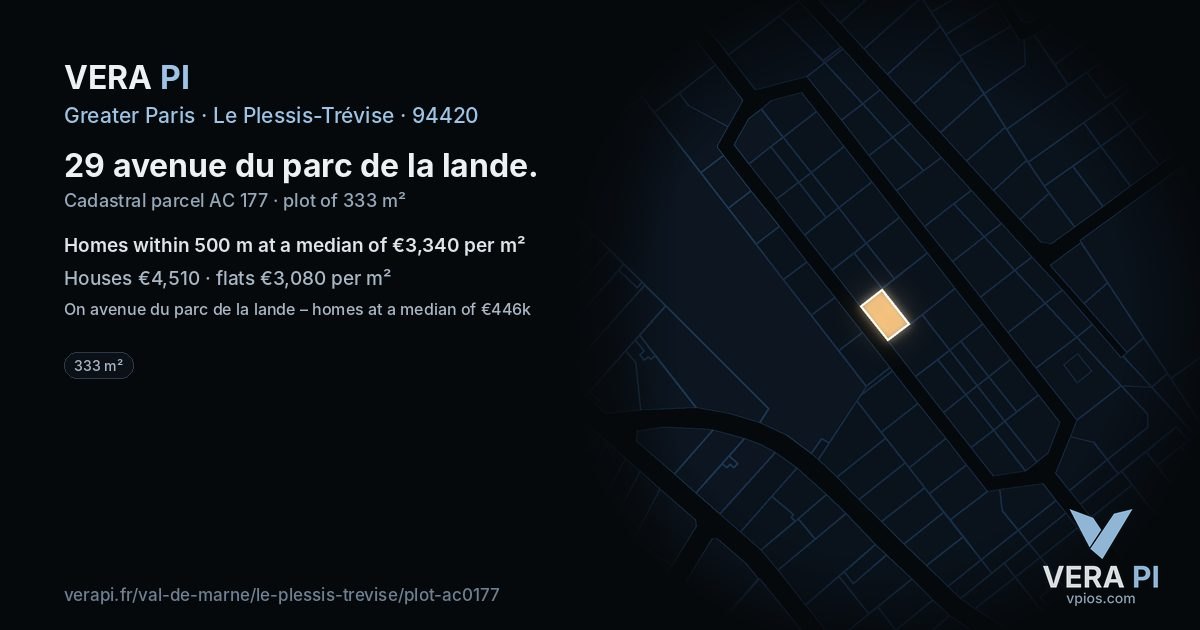 29 avenue du parc de la lande, Le Plessis-Trévise at night – the plot lit, the parcels around coloured by the prices near them