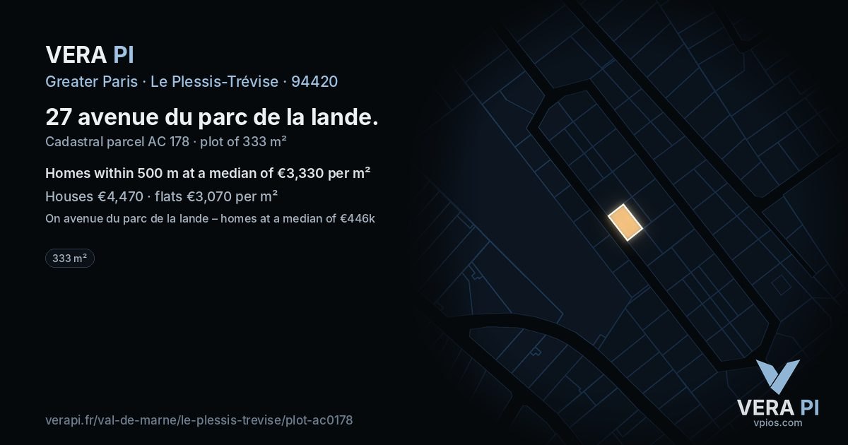 27 avenue du parc de la lande, Le Plessis-Trévise at night – the plot lit, the parcels around coloured by the prices near them