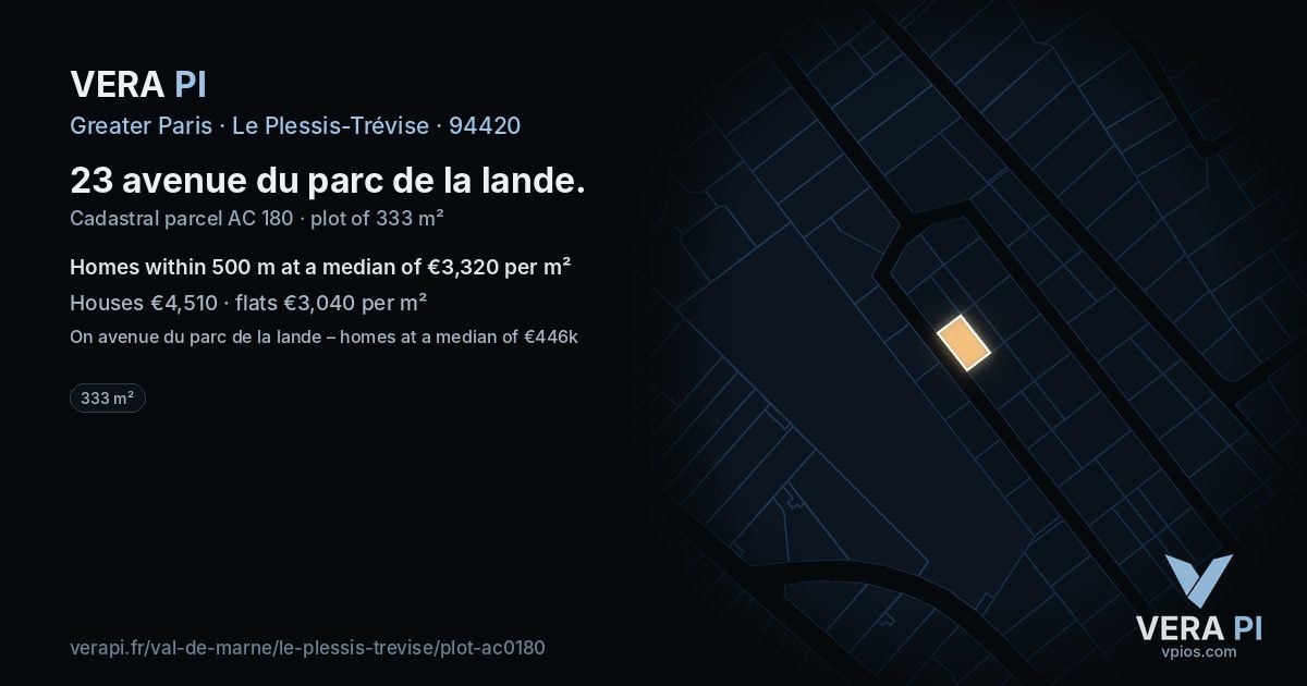 23 avenue du parc de la lande, Le Plessis-Trévise at night – the plot lit, the parcels around coloured by the prices near them
