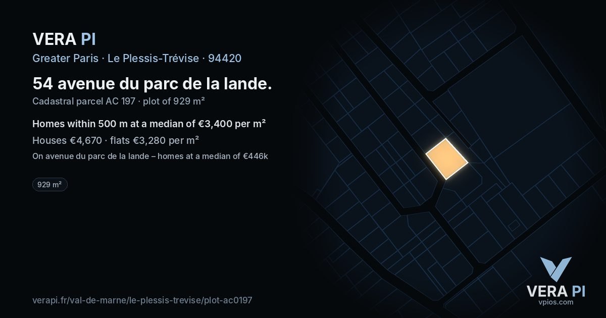 54 avenue du parc de la lande, Le Plessis-Trévise at night – the plot lit, the parcels around coloured by the prices near them