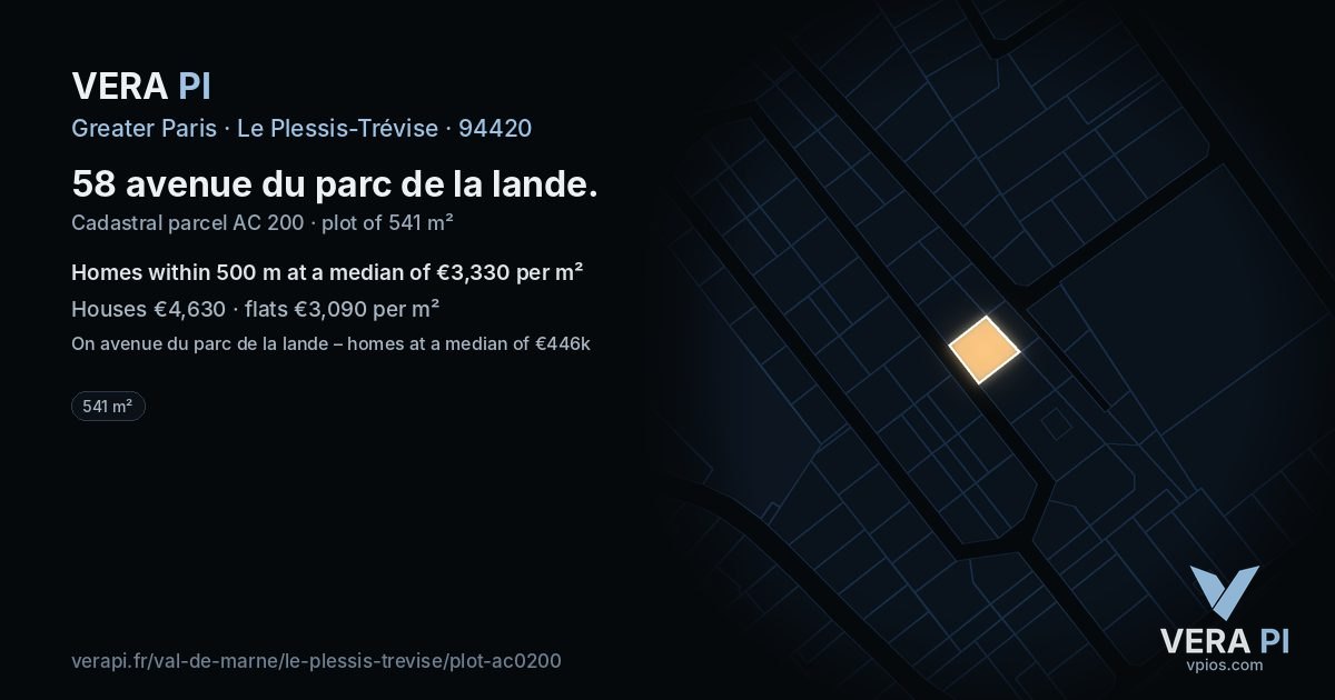 58 avenue du parc de la lande, Le Plessis-Trévise at night – the plot lit, the parcels around coloured by the prices near them