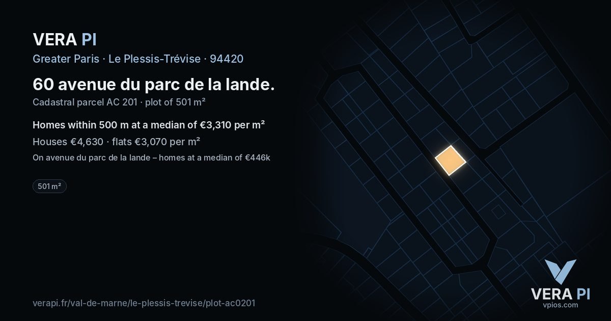 60 avenue du parc de la lande, Le Plessis-Trévise at night – the plot lit, the parcels around coloured by the prices near them