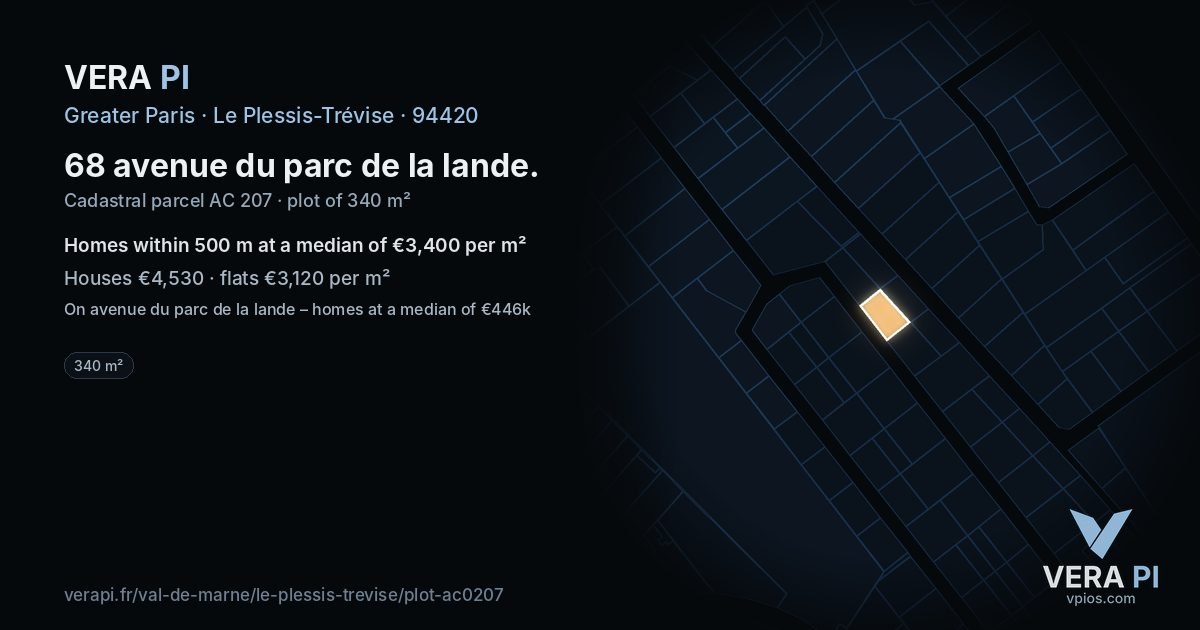 68 avenue du parc de la lande, Le Plessis-Trévise at night – the plot lit, the parcels around coloured by the prices near them