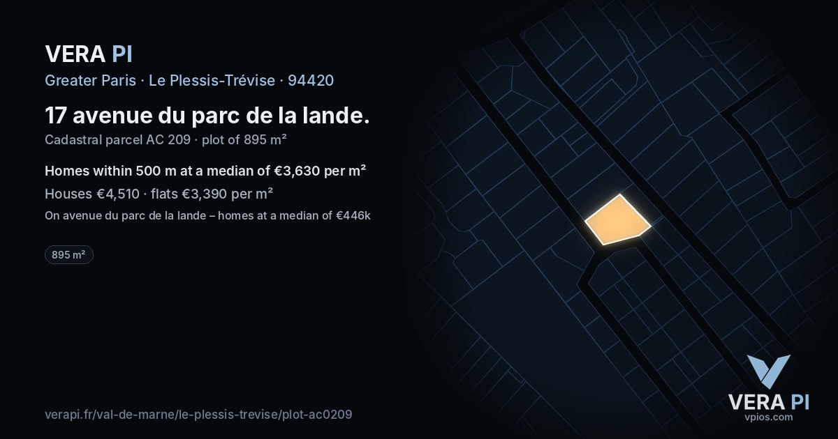 17 avenue du parc de la lande, Le Plessis-Trévise at night – the plot lit, the parcels around coloured by the prices near them