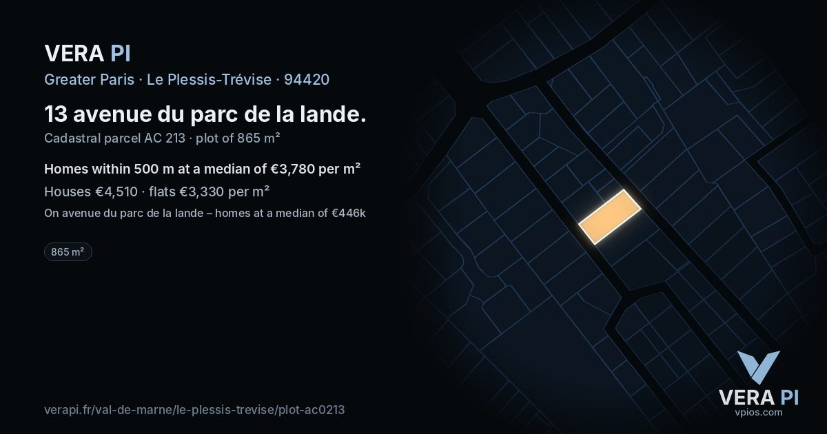 13 avenue du parc de la lande, Le Plessis-Trévise at night – the plot lit, the parcels around coloured by the prices near them