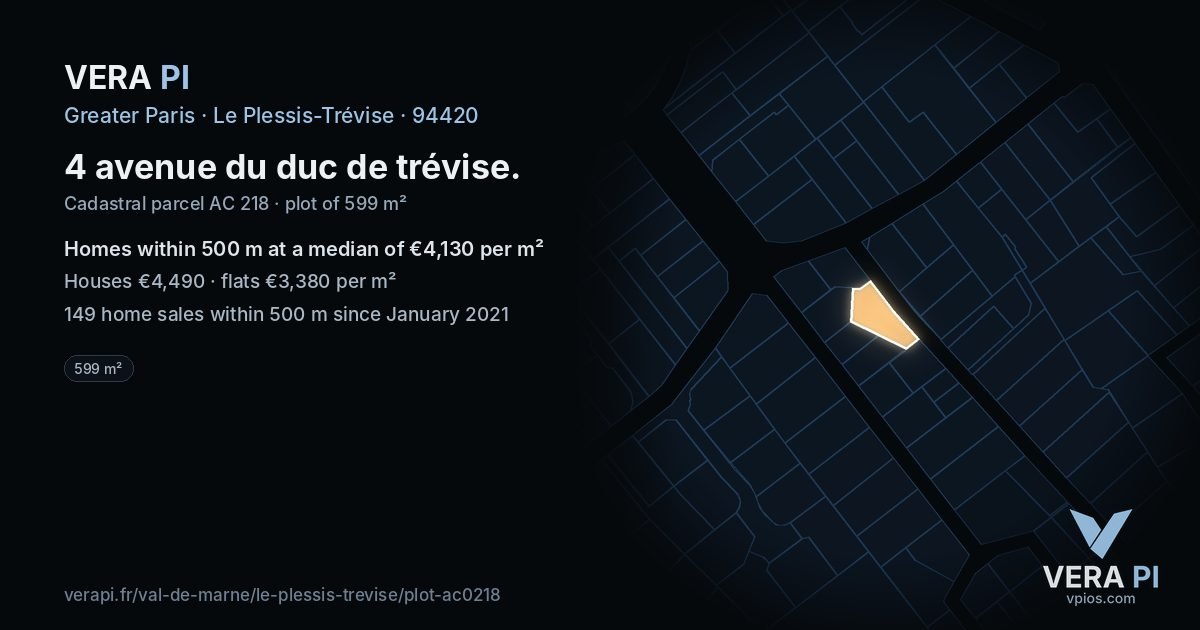 4 avenue du duc de trévise, Le Plessis-Trévise at night – the plot lit, the parcels around coloured by the prices near them