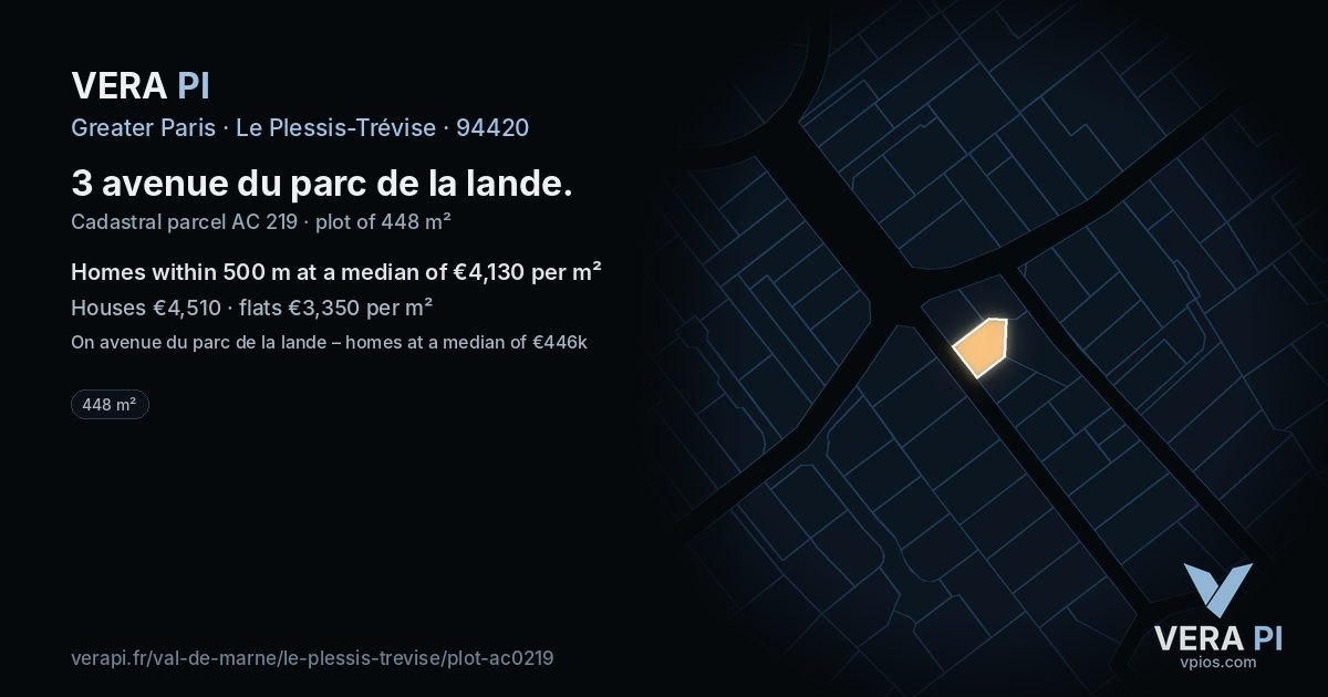 3 avenue du parc de la lande, Le Plessis-Trévise at night – the plot lit, the parcels around coloured by the prices near them