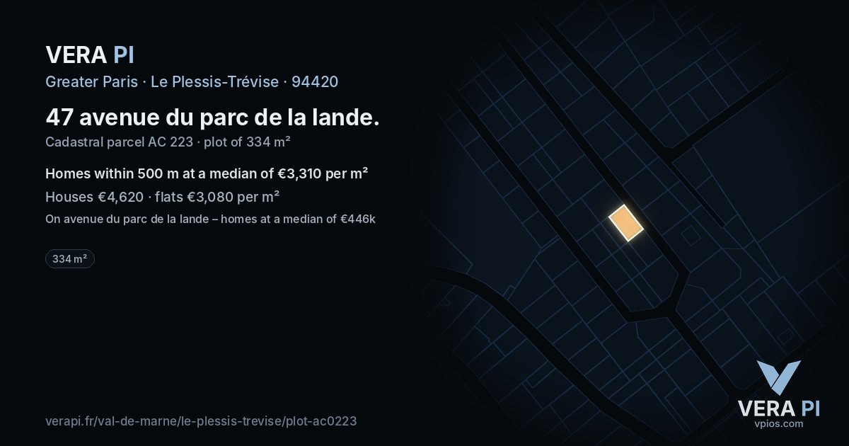 47 avenue du parc de la lande, Le Plessis-Trévise at night – the plot lit, the parcels around coloured by the prices near them
