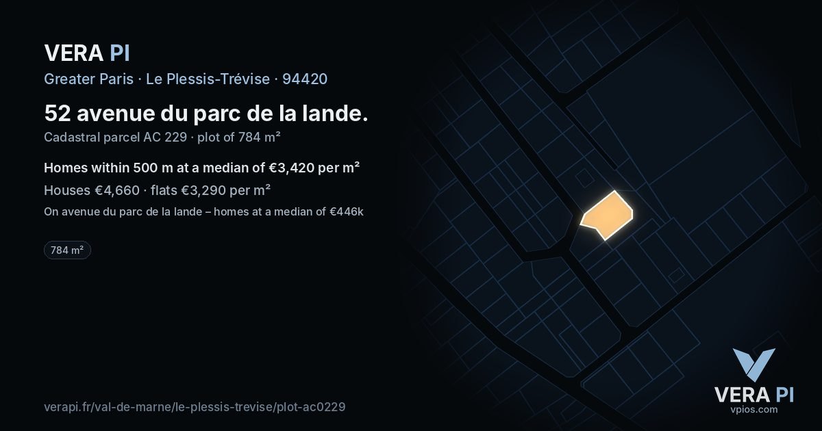 52 avenue du parc de la lande, Le Plessis-Trévise at night – the plot lit, the parcels around coloured by the prices near them
