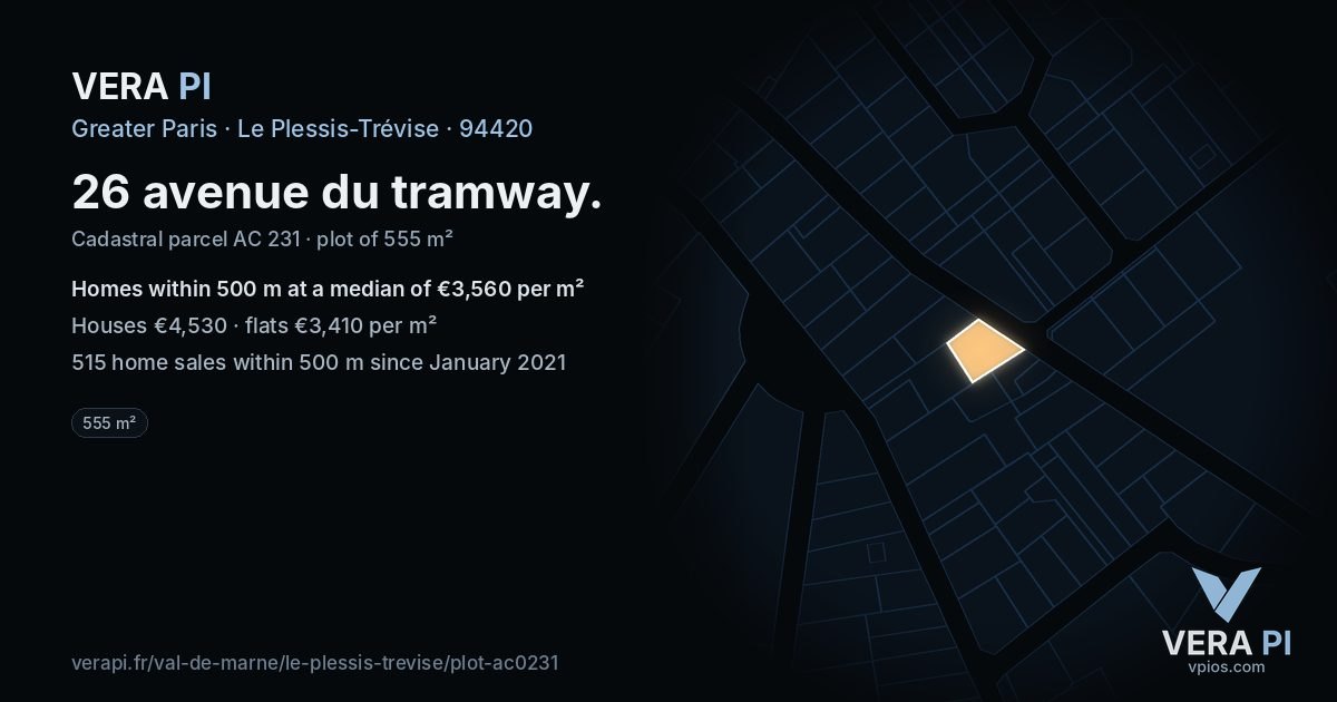 26 avenue du tramway, Le Plessis-Trévise at night – the plot lit, the parcels around coloured by the prices near them
