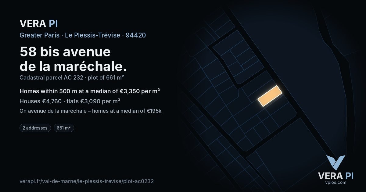 58 bis avenue de la maréchale, Le Plessis-Trévise at night – the plot lit, the parcels around coloured by the prices near them