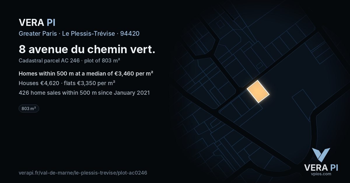 8 avenue du chemin vert, Le Plessis-Trévise at night – the plot lit, the parcels around coloured by the prices near them