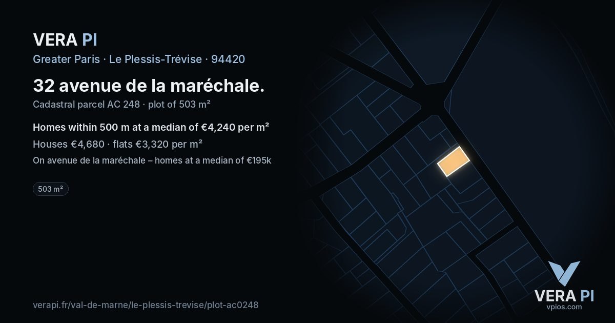32 avenue de la maréchale, Le Plessis-Trévise at night – the plot lit, the parcels around coloured by the prices near them