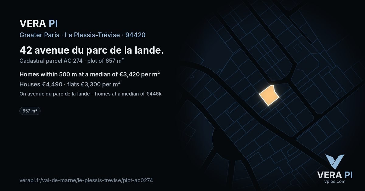 42 avenue du parc de la lande, Le Plessis-Trévise at night – the plot lit, the parcels around coloured by the prices near them