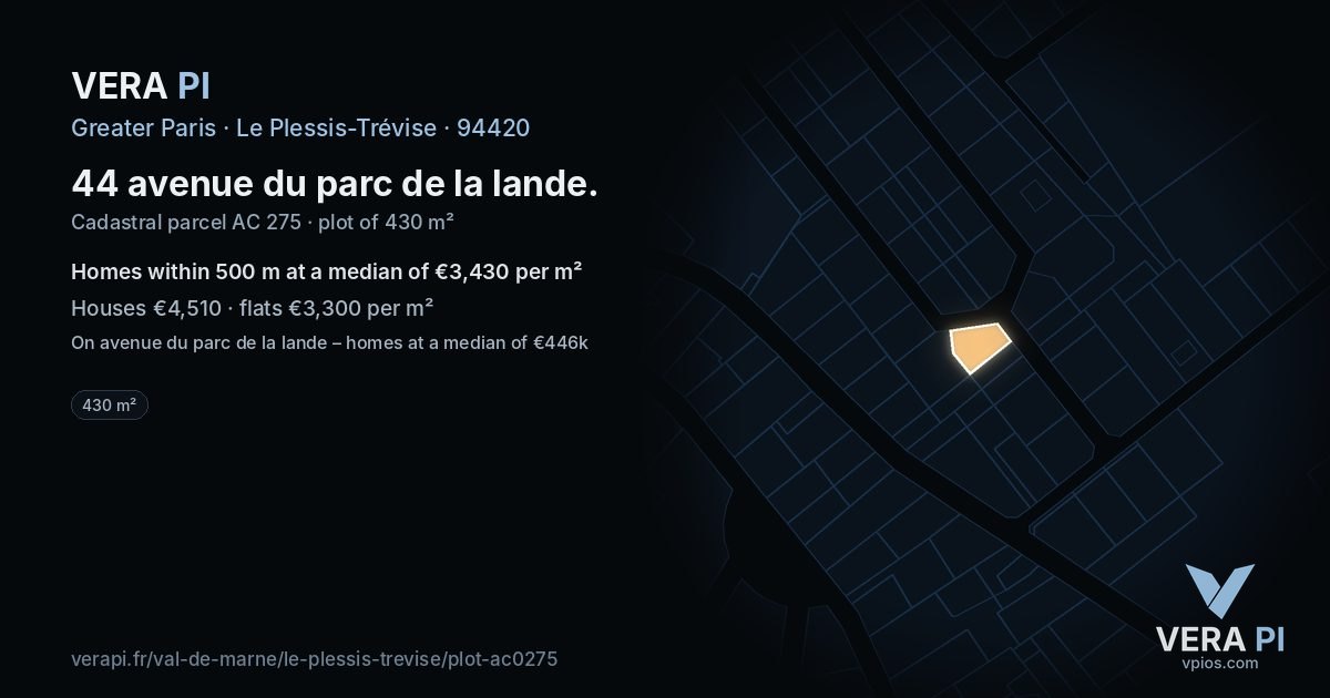 44 avenue du parc de la lande, Le Plessis-Trévise at night – the plot lit, the parcels around coloured by the prices near them