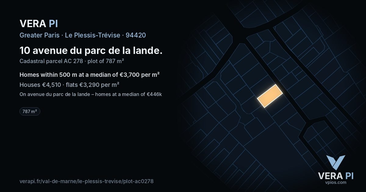10 avenue du parc de la lande, Le Plessis-Trévise at night – the plot lit, the parcels around coloured by the prices near them