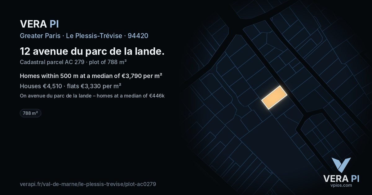 12 avenue du parc de la lande, Le Plessis-Trévise at night – the plot lit, the parcels around coloured by the prices near them