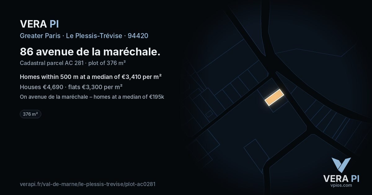 86 avenue de la maréchale, Le Plessis-Trévise at night – the plot lit, the parcels around coloured by the prices near them