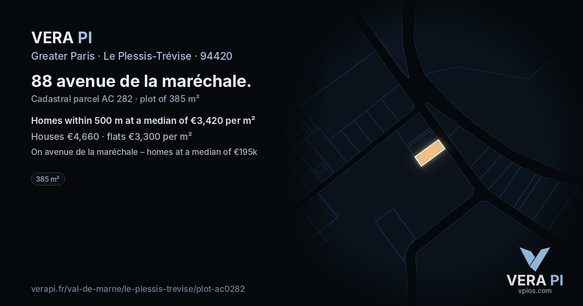 88 avenue de la maréchale, Le Plessis-Trévise at night – the plot lit, the parcels around coloured by the prices near them