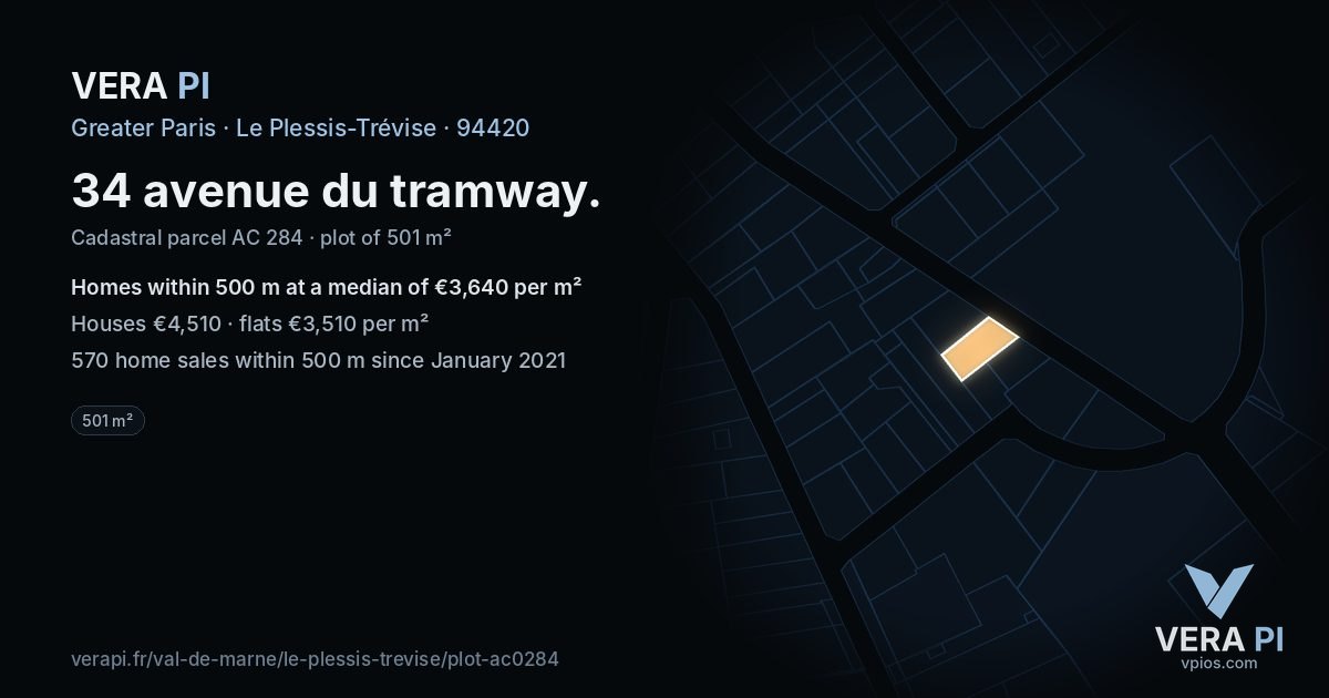 34 avenue du tramway, Le Plessis-Trévise at night – the plot lit, the parcels around coloured by the prices near them