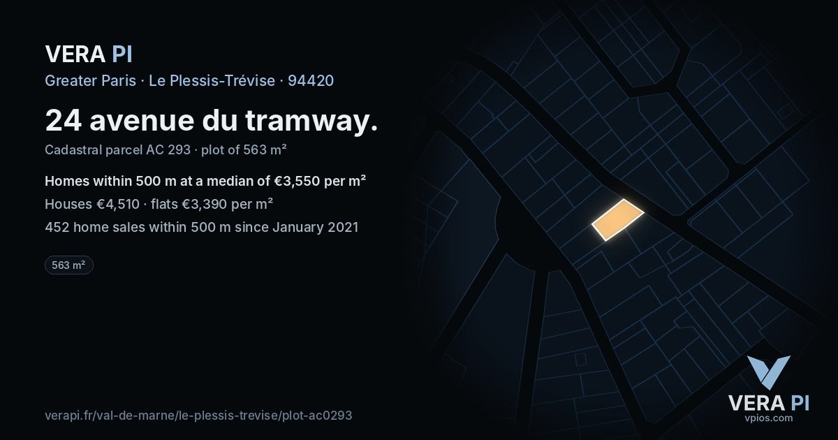 24 avenue du tramway, Le Plessis-Trévise at night – the plot lit, the parcels around coloured by the prices near them