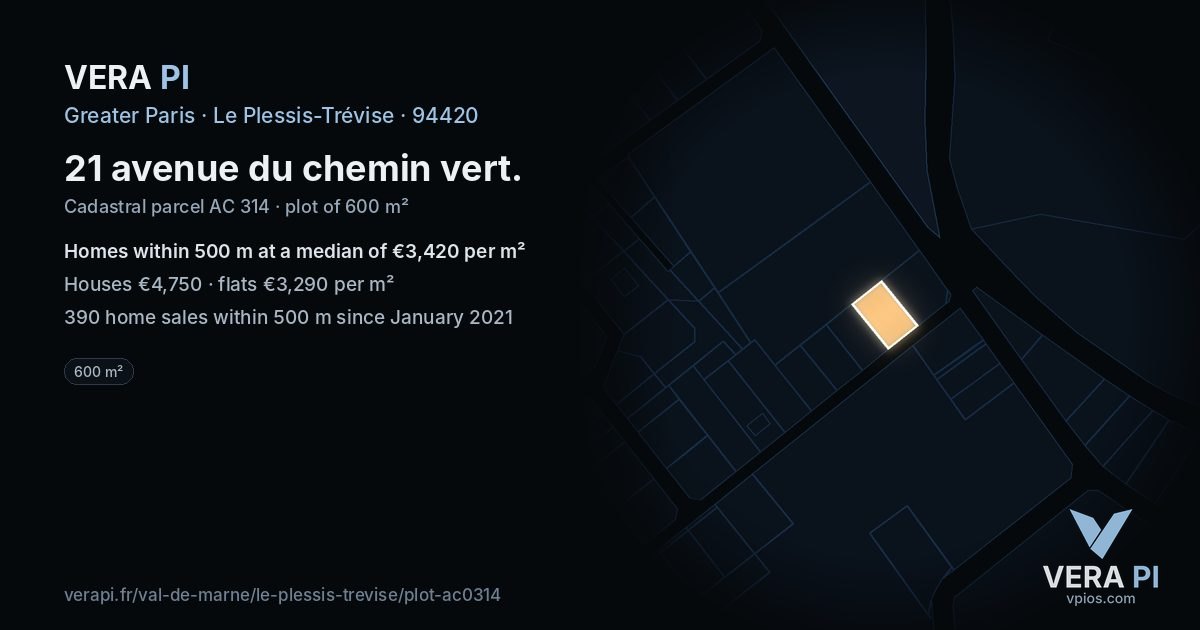 21 avenue du chemin vert, Le Plessis-Trévise at night – the plot lit, the parcels around coloured by the prices near them