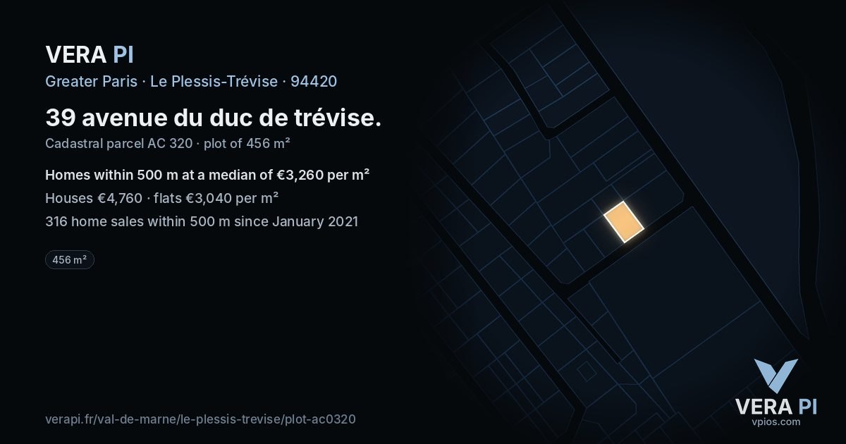 39 avenue du duc de trévise, Le Plessis-Trévise at night – the plot lit, the parcels around coloured by the prices near them