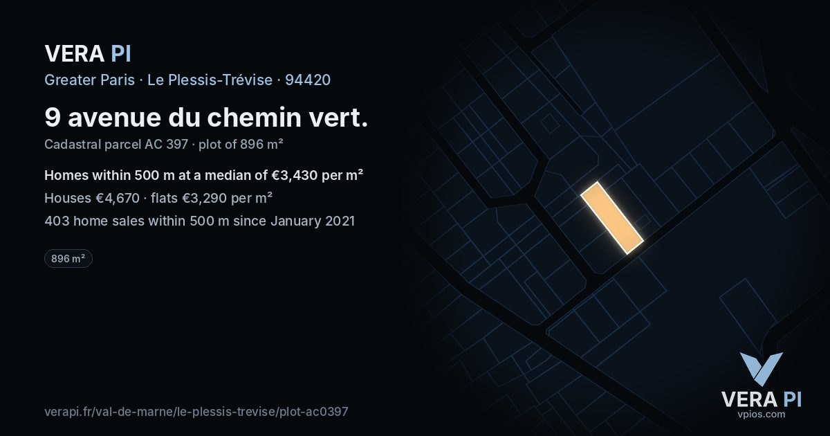 9 avenue du chemin vert, Le Plessis-Trévise at night – the plot lit, the parcels around coloured by the prices near them
