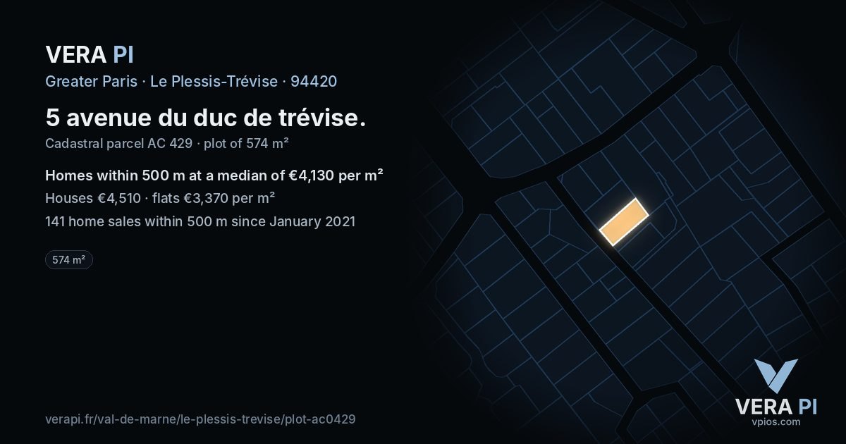 5 avenue du duc de trévise, Le Plessis-Trévise at night – the plot lit, the parcels around coloured by the prices near them
