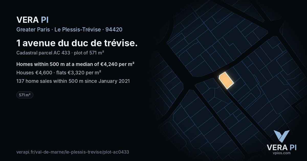 1 avenue du duc de trévise, Le Plessis-Trévise at night – the plot lit, the parcels around coloured by the prices near them