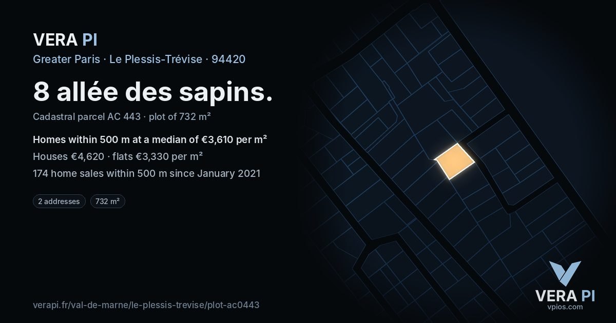 8 allée des sapins, Le Plessis-Trévise at night – the plot lit, the parcels around coloured by the prices near them
