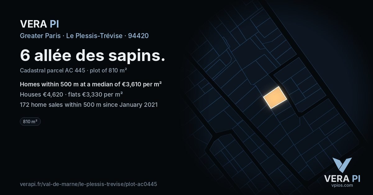 6 allée des sapins, Le Plessis-Trévise at night – the plot lit, the parcels around coloured by the prices near them