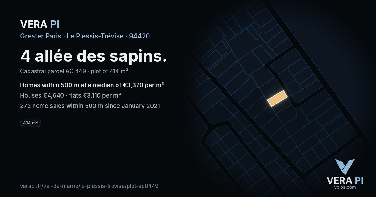 4 allée des sapins, Le Plessis-Trévise at night – the plot lit, the parcels around coloured by the prices near them