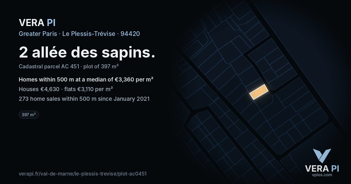 2 allée des sapins, Le Plessis-Trévise at night – the plot lit, the parcels around coloured by the prices near them